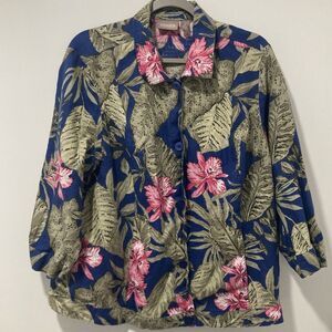 Chicos 100% Linen Lightweight Jacket Size 3 Tropical Print Button 3/4 Sleeve